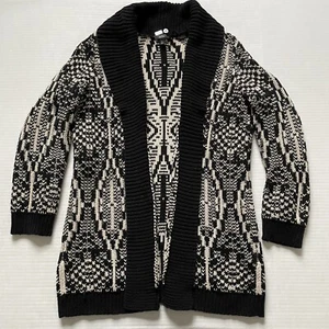 Talbots Sweater Woman Xp Black Cream Chunky Knit Cardigan Shawl Collar Long - Bild 1 von 9