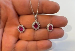  RUBY RED OVAL NECKLACE & EARRING SET 925 STERLING SILVER CHAIN 18'' ADJUSTABLE - Picture 1 of 6