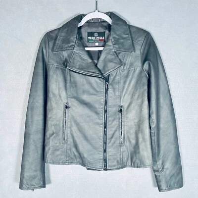 Vera Pelle Leather Jacket Womens M Gray Green Full Zip Moto Italy - Image 1 of 4