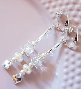 OHRCLIPS CLIPS VERSILBERT KRISTALL PERLEN HERZ - Bild 1 von 2