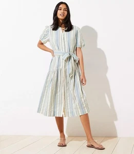 LOFT Beach Striped Puff Sleeve Midi 100% Cotton Dress Sz. L NWT! - Picture 1 of 8