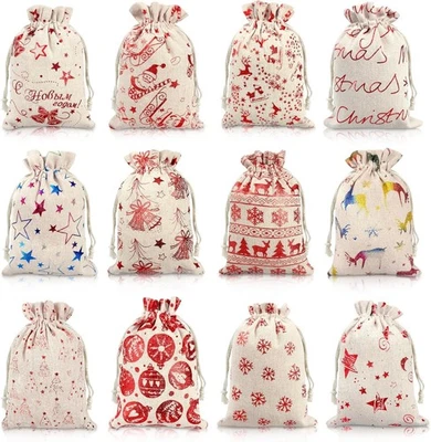 Paquete de 12 bolsas de arpillera de Navidad Zayvor - regalo con cordón de yute multicolor  Foto 1 de 4