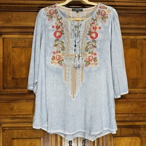 Andree By Unit Embroidered Tunic Chambray Blouse Women’s S Floral Boho Peasant - Picture 1 of 8