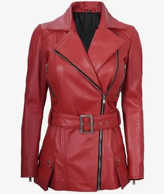 Women Designer Belted Asymmetrical Moto Biker Real Lambskin Red Leather Jacket - Image 1 of 4