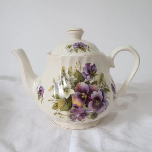Vintage Golden Crown Staffordshire Teapot Made in England Pansy Decoration Cream - Picture 1 of 10
