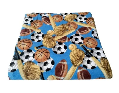 Sports Themed Cotton Blue Flannel Fabric 2.5 Yards Boy Baby Balls Bats Gloves - Image 1 of 4