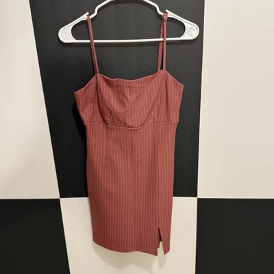 Forever 21 Pinstriped Rust Mini Dress Spaghetti Straps Front Slit Size Medium - Image 1 of 4