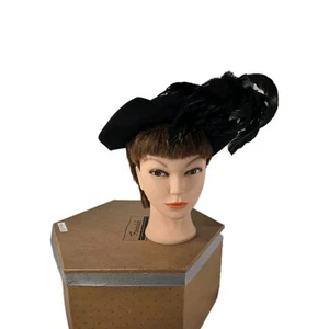 Black Feather Merrimac Hat Vintage Women's 1940s WW II Era in Original Box - Picture 1 of 12