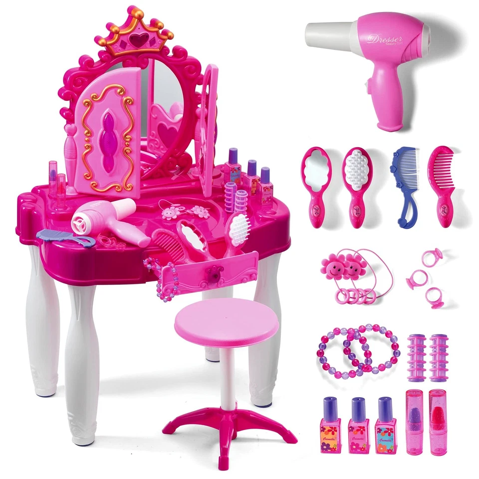 Play22 Pretend Play Girls Vanity Set with Mirror and Stool 21 PCS-Kids Makeup