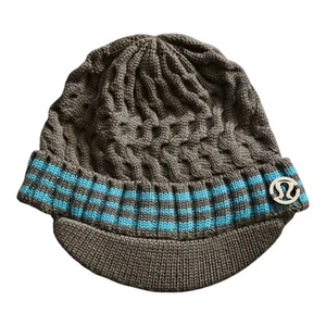 Lululemon 100 % Merinowolle Zopfmuster Krempe Beanie Mütze Einheitsgröße grau & türkis - Bild 1 von 5