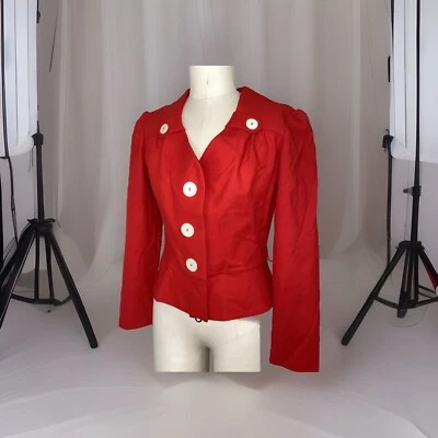 Vintage JC Penny tailored blazer top sz 11 button puff sleeve secretary red - Image 1 of 4