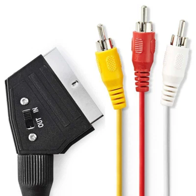 Scart auf 3 x Cinch Stecker mit Umschalter Audio Video Adapter TV AV Kabel 2m