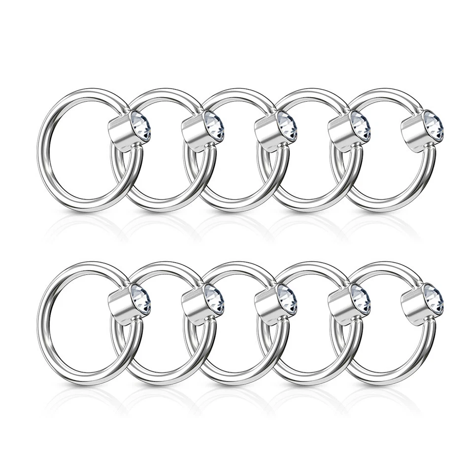 10pcs Clear CZ Gem Flat Back Steel Captive Bead Rings Wholesale Body Jewelry - Image 1 of 1