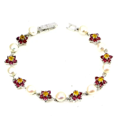 PULSERA DE AGUA DULCE PERLA/ZAFIRO/RODOLITA PLATA ESTERLINA .925 14K WGP TALLA 7,5 Foto 1 de 3