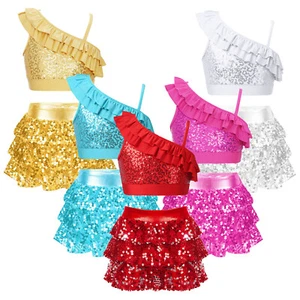 Kids Girls Sequins Dance Outfits Party Dance Performance Tiered Ruffle Top AU - Picture 1 of 52
