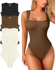 Women’s Ribbed Bodysuits Square Neck Sleeveless Tummy Control Tops 3 PCS - Picture 1 of 6
