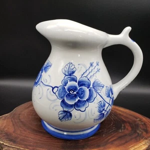 Blue White Floral Pitcher 7" Vase Made in Thailand Vintage Look Farmhouse Decor - Picture 1 of 8