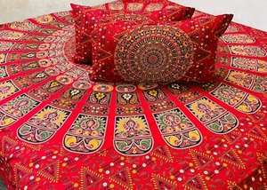 Indian Double Cotton Mandala Print Bedsheet Bedspread with 2 pillow covers Red - Picture 1 of 4