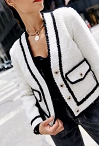 Aqua  Womens Black/White Boucle Contrast Trim Jacket Size S. OT - Picture 1 of 17