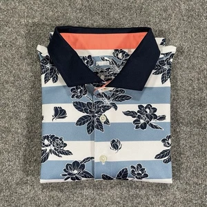 Puma Golf Poloshirt Herren Large Blau Blumen All Over Print Kurzarm Stretch - Bild 1 von 9