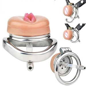 Sissy Male Chastity Device Stainless Steel Lock Anti-Dislodgement Cage with Belt - Picture 1 of 36