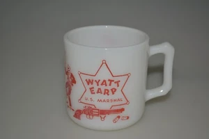 VINTAGE 1950S WYATT EARP MILK GLASS MUG CUP RED HAZEL ATLAS WESTERN US MARSHALL - Picture 1 of 6