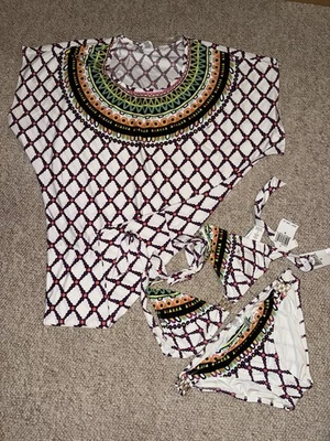 Trina Turk 4 S 3PC белый геометрический с бретелью через шею хипстер бикини комплект и прикрыть платье - Изображение 1 из 4