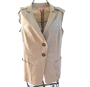 NEW Lavia Made in Italy Button-up Top Linen Bland Vest Pockets Collared sz M Tan - Picture 1 of 16