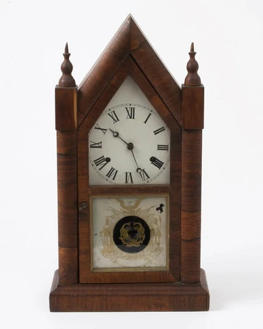 Antique Ansonia 8-Day Steeple Clock Reverse Painted Glass Front Eagle & Flag 20" Cover