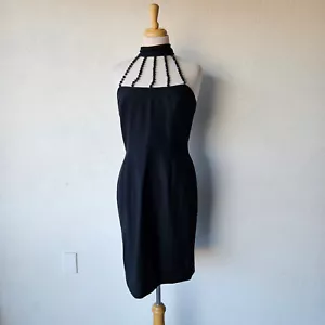 Bill Blass Vintage 90s Beaded Halter Cage Little Black Sheath Dress Size M/8 - Picture 1 of 9
