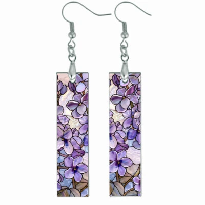 Brincos de barra de flores lilás pendentes de madeira roxo primavera flores vitral falso - Imagem 1 de 4
