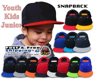 Youth Kids Flat Bill Snapback Hat Two Tone Plain Baseball Cap Boy's & Girl's NEW - Picture 1 of 14