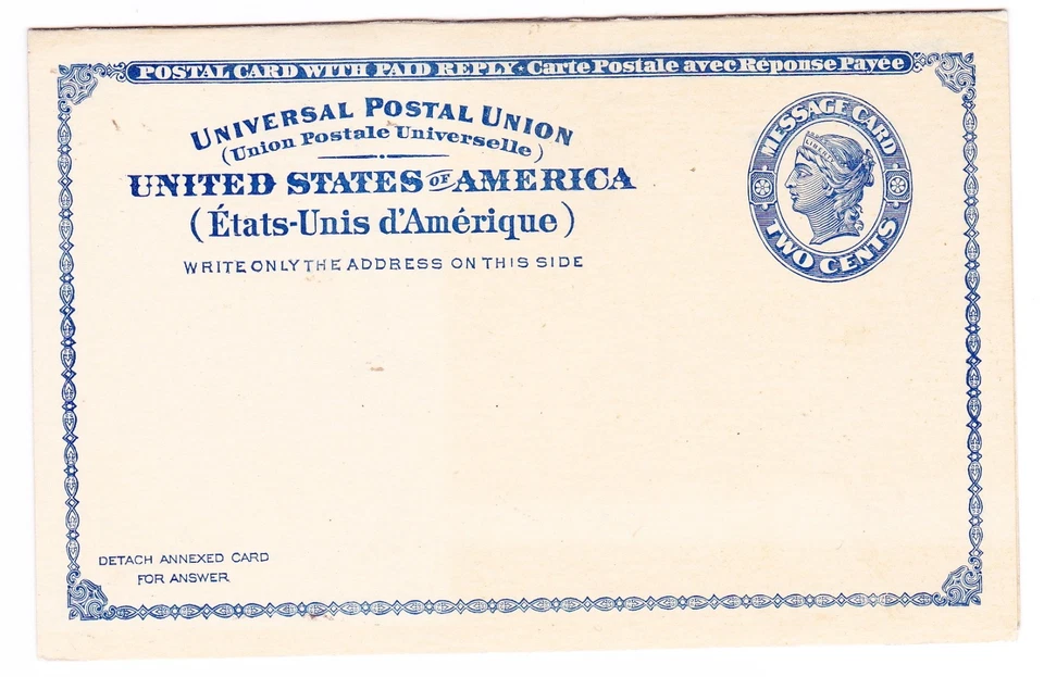 U.S. INTERNATIONAL MESSAGE/REPLY CARD: MINT FOLDED UPSS#MR3 - Image 1 of 1