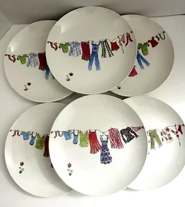 Rosanna Abstract Watercolor Clothes On Clothesline Art Salad Plates Set Of 6 - Picture 1 of 9