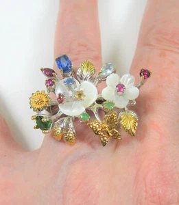 FLOWER BUTTERFLY RING Kyanite Chrome Emerald Sapphire MOP 2-tone 14kg/925 Silver - Picture 1 of 11