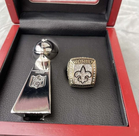 2009 New Orleans Saints Drew Brees Ring + Vince Lombardi Trophy + Display Box Cover