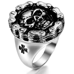 Vintage Stainless Steel Motorcycle Biker Chain Men's Cross Skull Ring Size 8-12 - Picture 1 of 4