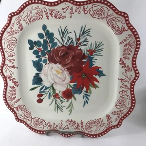 Pionierin Frau rot Blumen Steinzeug Teller neu 12x12 - Bild 1 von 5