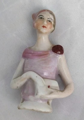 ANTIQUE 1920S FLAPPER DOLL HALF 7CM TALL PORCELAIN PIN LADY 2.5CM DIAMETER BASE  - Image 1 of 4