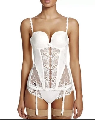Simone Pérèle 象牙色白色缎面和花卉蕾丝紧身胸衣上衣,尺寸 34B — 第 1/4 张图片