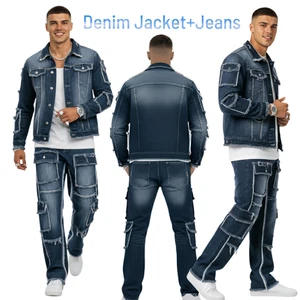 Herren Vintage Distressed Denim Anzug Set Jacke & Hose - Retro Streetwear Outfit - Bild 1 von 11