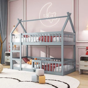 Kinderbett Hochbett Etagenbett 90*200cm mit Treppe Massivholz Bettgestell grau - Bild 1 von 10