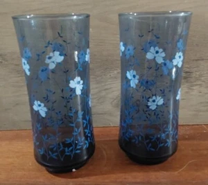 Libbey Tawny Floral Blue Drinking Glasses 6.5" Set 2 Tall Tumblers Vintage - Picture 1 of 4