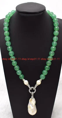 6-12mm Faceted Green Aventurine Gems White Keshi Baroque Pearl Pendant Necklace - Image 1 of 4