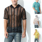 Men T-Shirt Mesh Top Net Tee Hooded Shirt Sheer Casual Sportswear Clubwear Thin
