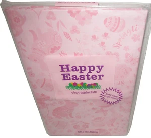 EASTER ~ Vinyl Tablecloth ~ Easter Bunny and Egg Silhouette's ~52" x 70" ~ PINK - Imagen 1 de 1
