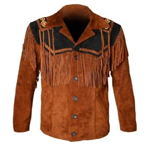 Chaqueta y abrigo de cuero de vaquero nativo americano con flecos y cuentas trabajo para hombre - Imagen 1 de 3