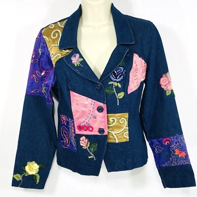 Together Vtg Denim Blazer Jacket Sz 8 Beaded Embroidered Patchwork Fairy Whimsy - Image 1 of 4
