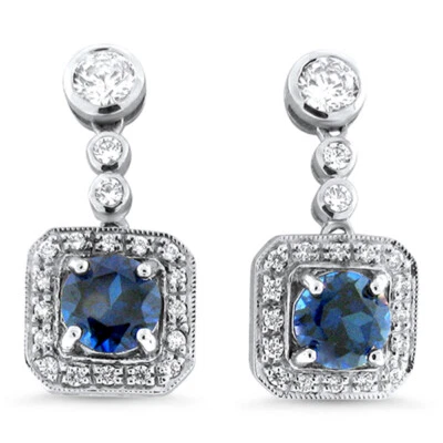 DECO ANTIQUE STYLE 925 STERLING SILVER LAB-CREATED SAPPHIRE EARRINGS        #404 - Image 1 of 2