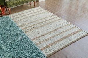 White Hemp Jute Rug With Beige Striped Line, Handwoven Hemp Large Dhurrie Rug - Picture 1 of 10